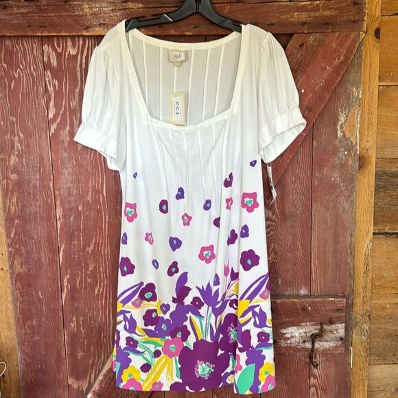 eci white floral print pleated bodice/back/sleeves stretch midi. New with tags. - Picture 1 of 6